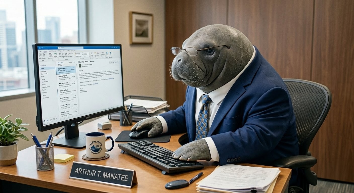Friendly manatee answering emails
